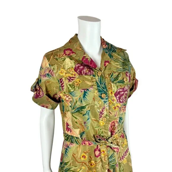 Vintage 70s Safari Dress Women's Medium Olive Hibiscus Floral Tea Length